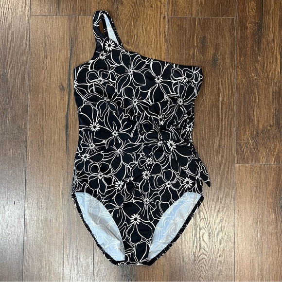 TALBOTS Miracle One Shoulder Black Floral One Piece Swimsuit SZ 8 - Picture 2 of 7